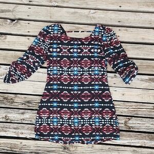 Speechless Aztec Western 3/4 Sleeve Dress XS Lined Black Blue Maroon